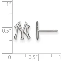 Silver stud earrings with interlocking letters NY design, shown front and back view with measurement scale indicating approximately 0.5 inch height.