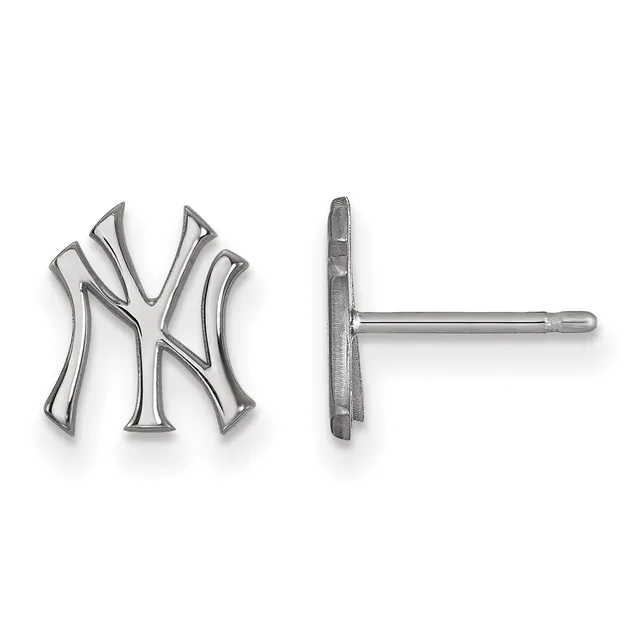 Pair of silver stud earrings featuring the interlocking letters NY, shown from front and back views.