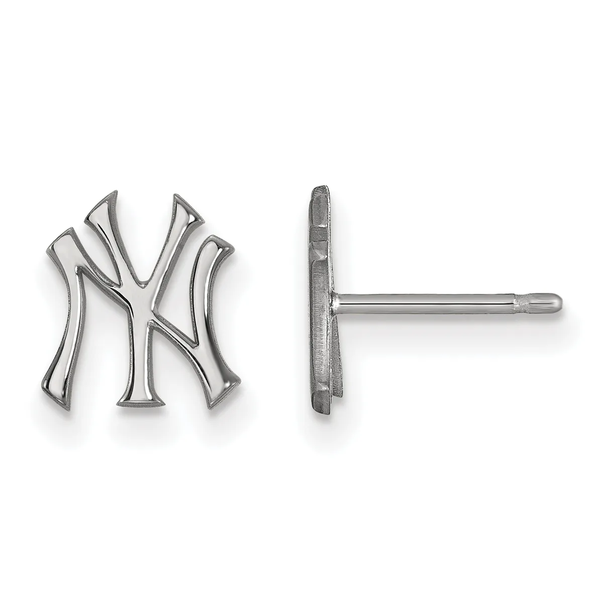 Pair of silver stud earrings featuring the interlocking letters NY, shown from front and back views.