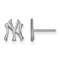 Pair of silver stud earrings featuring the interlocking letters NY, shown from front and back views.