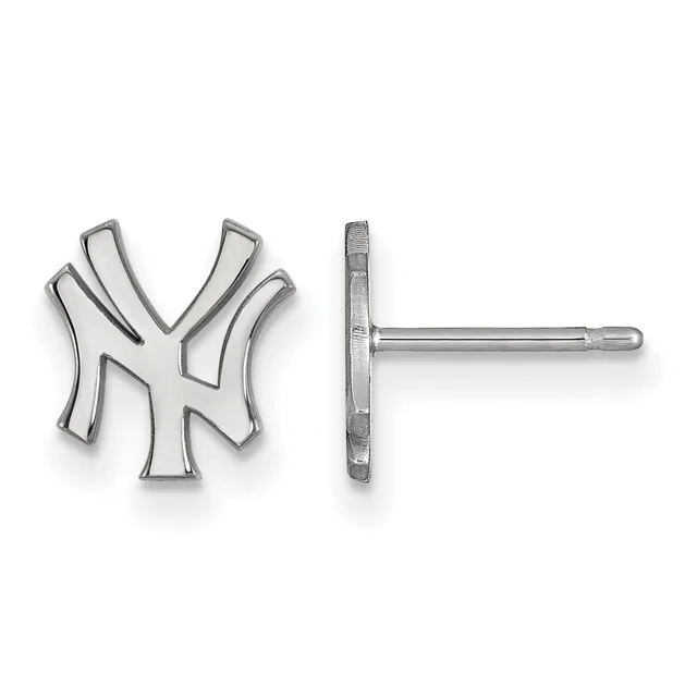 A pair of silver stud earrings featuring an interlocking NY Yankees logo design, shown from front and side views.