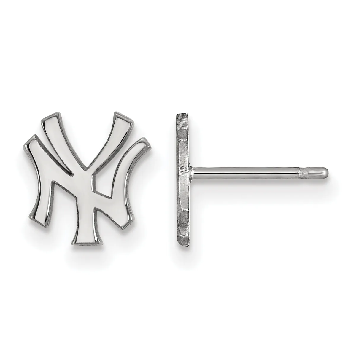 A pair of silver stud earrings featuring an interlocking NY Yankees logo design, shown from front and side views.
