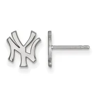 A pair of silver stud earrings featuring an interlocking NY Yankees logo design, shown from front and side views.