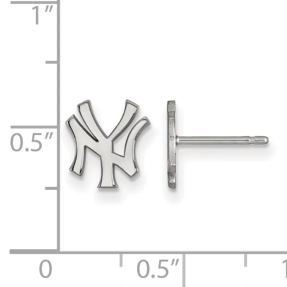 Silver stud earrings with interlocking NY logo design, shown front and back view against a measurement scale indicating approximately 0.5 inch width and 1 inch height.