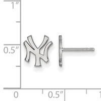Silver stud earrings with interlocking NY logo design, shown front and back view against a measurement scale indicating approximately 0.5 inch width and 1 inch height.