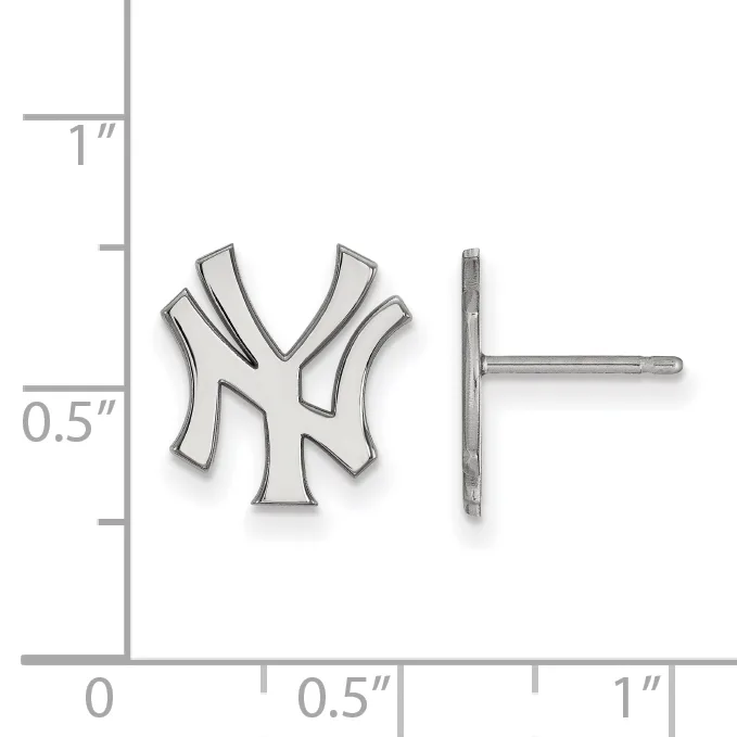 Small silver stud earrings shaped like interlocking NY initials, shown front and side view with a measurement scale indicating approximately 0.5 inches in height.