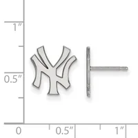 Small silver stud earrings shaped like interlocking NY initials, shown front and side view with a measurement scale indicating approximately 0.5 inches in height.