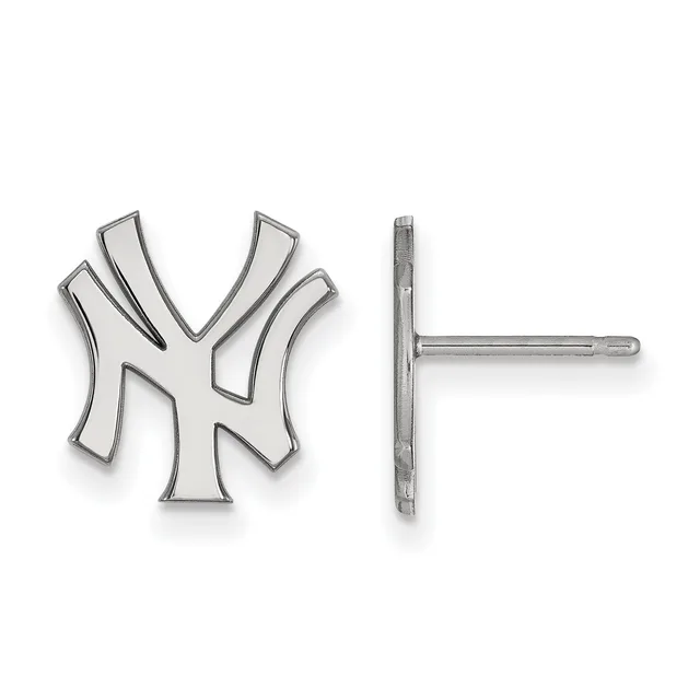 Sterling silver stud earrings shaped like interlocking NY letters, shown from front and side views.