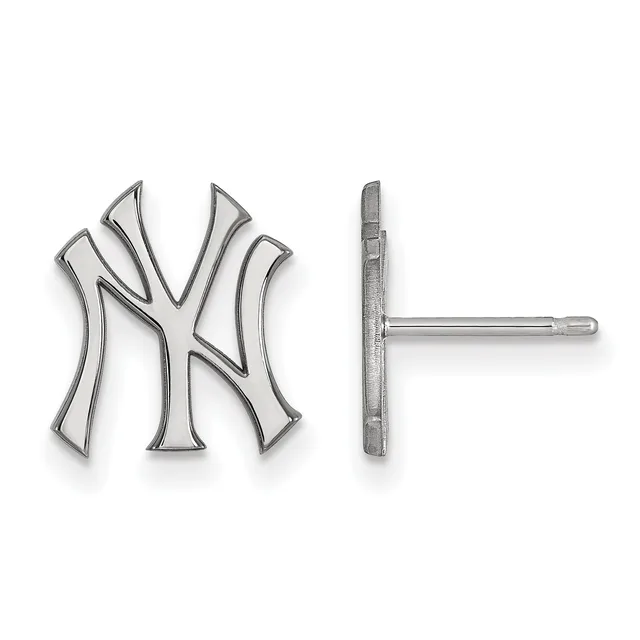 Pair of silver stud earrings featuring the New York Yankees interlocking NY logo, shown from front and back views.
