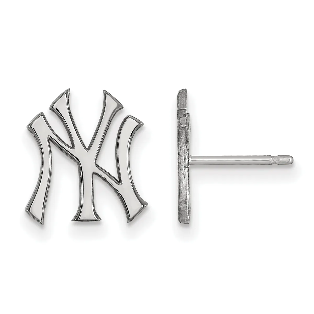 Pair of silver stud earrings featuring the New York Yankees interlocking NY logo, shown from front and back views.