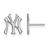 Pair of silver stud earrings featuring the New York Yankees interlocking NY logo, shown from front and back views.