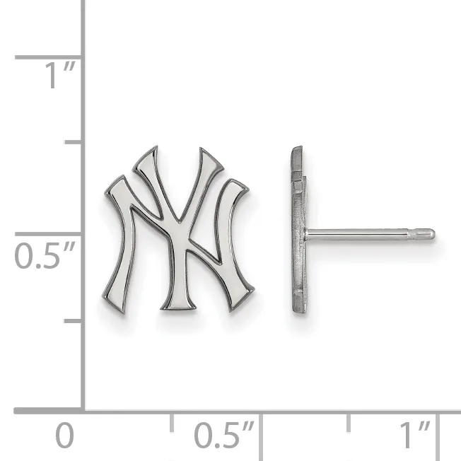 Silver stud earrings with interlocking NY baseball logo design, shown front and back view next to ruler indicating approximately 0.5 inch width.