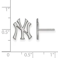 Silver stud earrings with interlocking NY baseball logo design, shown front and back view next to ruler indicating approximately 0.5 inch width.
