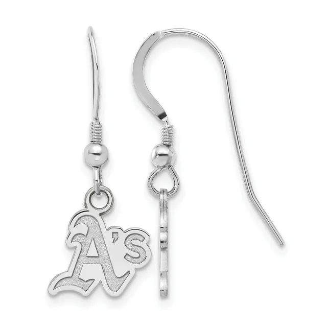 Pair of silver-toned dangle earrings with fish hook closures, each featuring a small ball and wire wrap detail above an "A's" logo charm.