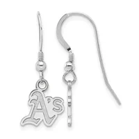 Pair of silver-toned dangle earrings with fish hook closures, each featuring a small ball and wire wrap detail above an "A's" logo charm.