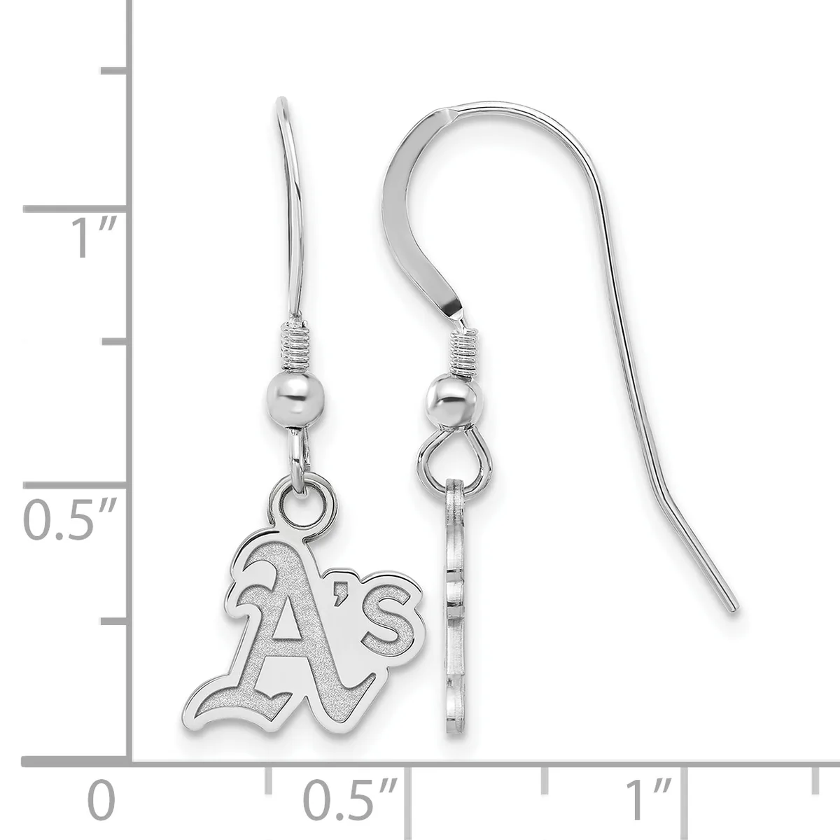 Pair of silver-colored earrings with "A's" logo charms hanging from curved ear wires, displayed against a measurement scale showing approximately one inch in length.