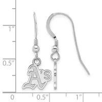 Pair of silver-colored earrings with "A's" logo charms hanging from curved ear wires, displayed against a measurement scale showing approximately one inch in length.
