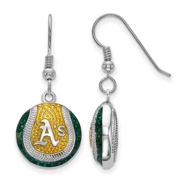 Pair of silver dangle earrings featuring green and gold circular pendants with white "A's" logo, shown from front and side views.