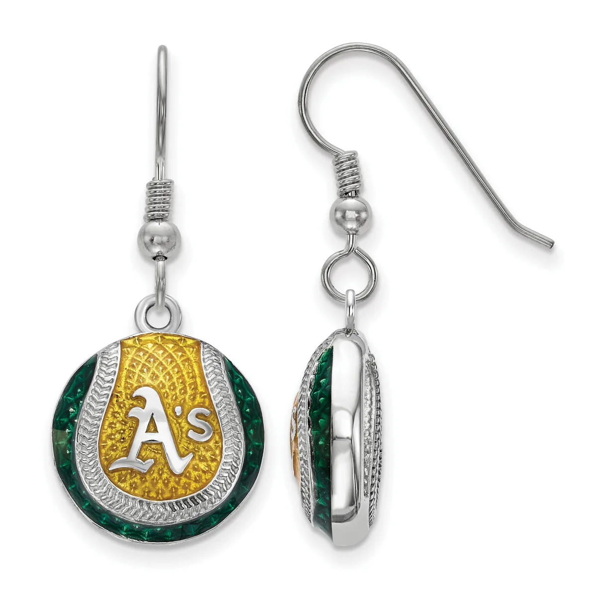 Pair of silver dangle earrings featuring green and gold circular pendants with white "A's" logo, shown from front and side views.