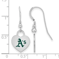 A pair of silver heart-shaped earrings with green A's logo, displayed next to a measurement ruler showing approximately 1.5 inches in length.