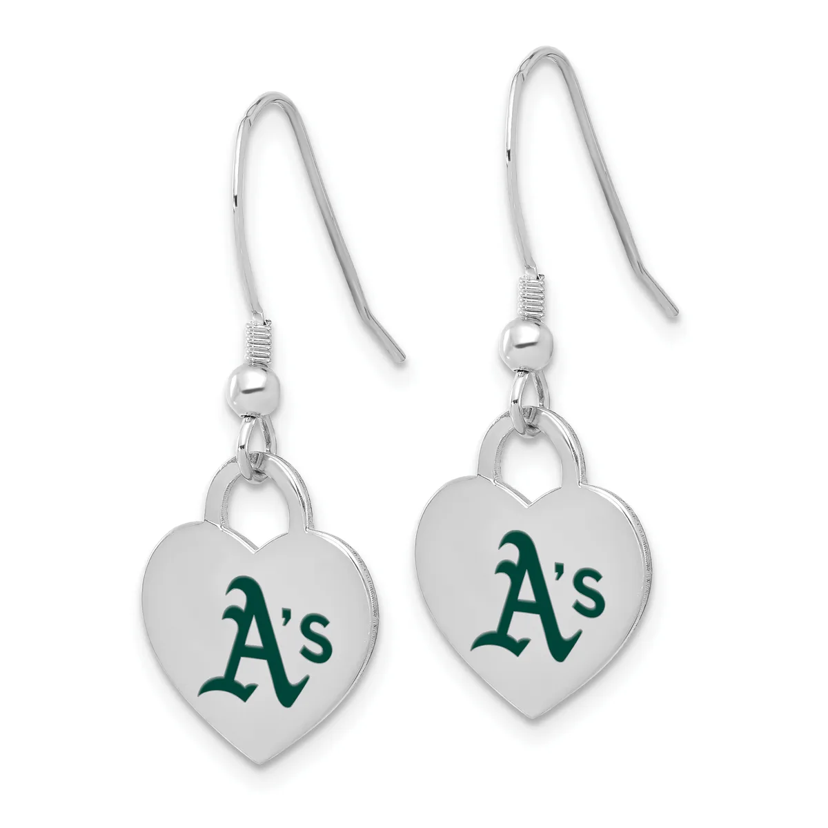 Pair of silver-toned heart-shaped earrings with green "A's" logo, suspended from curved wire hooks.