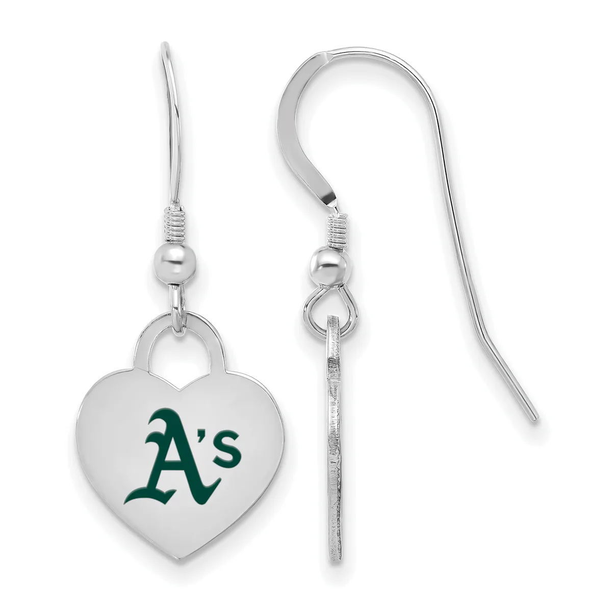Pair of silver-colored heart-shaped earrings with green "A's" logo, suspended from fish hook wires with small beads.