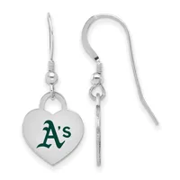 Pair of silver-colored heart-shaped earrings with green "A's" logo, suspended from fish hook wires with small beads.