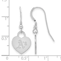 A pair of silver heart-shaped earrings with engraved baseball team logo, shown next to a measurement ruler indicating approximately 1.5 inches in length.