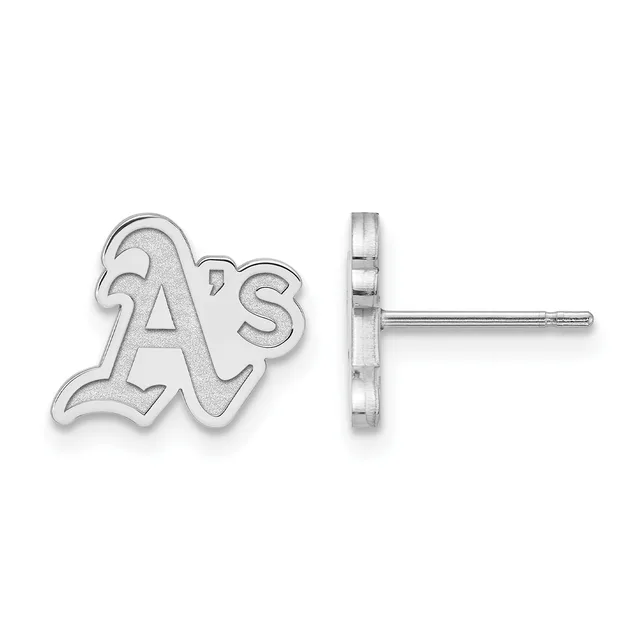 A pair of silver stud earrings shaped like the Oakland Athletics logo, shown from front and side views on a white background.