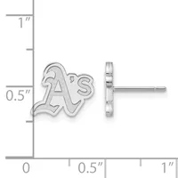 Silver stud earrings shaped like the letter A with a small stamped hallmark, shown front and side view with a measurement scale indicating approximately 0.5 inches in height.