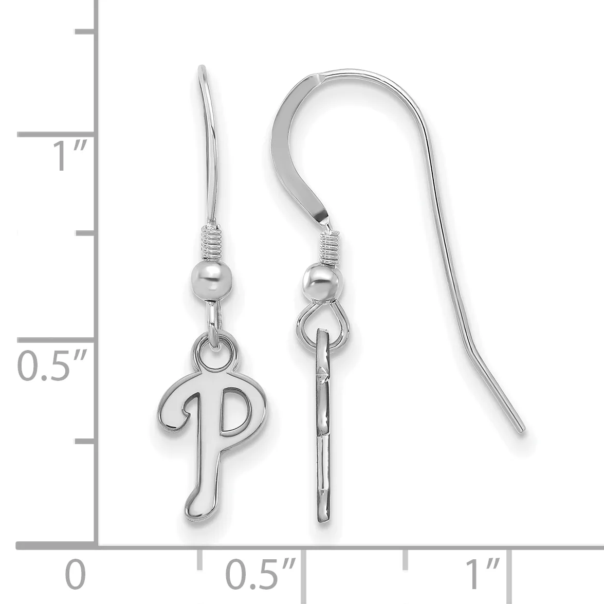 A pair of silver-toned fish hook earrings with decorative letter P charms, displayed next to a measurement ruler showing approximately one inch in length.