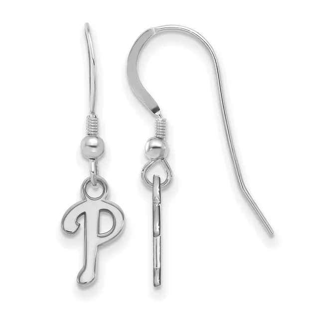 A pair of silver-toned earrings with curved wire hooks, each suspending a small ball connector and a dangling letter P charm.