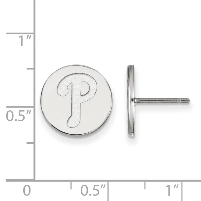 Two views of a circular silver stud earring with an engraved letter P, shown next to a ruler indicating the earring is approximately half an inch in diameter.