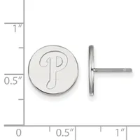 Two views of a circular silver stud earring with an engraved letter P, shown next to a ruler indicating the earring is approximately half an inch in diameter.