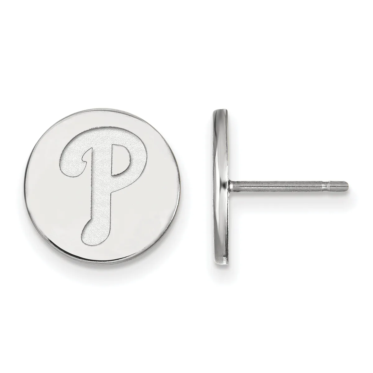 A pair of silver stud earrings with circular faces engraved with the letter "P," shown from front and side views.