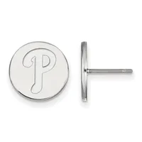 A pair of silver stud earrings with circular faces engraved with the letter "P," shown from front and side views.