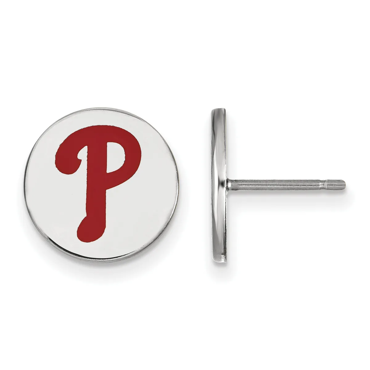 A pair of round silver stud earrings with a red letter P on a white background, shown front and back.