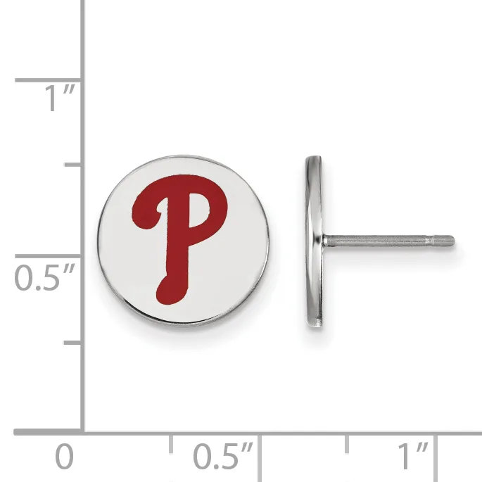 A pair of round silver-toned stud earrings with a red letter P on a white background, shown front and back view with a measurement scale.