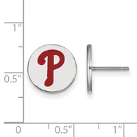 A pair of round silver-toned stud earrings with a red letter P on a white background, shown front and back view with a measurement scale.