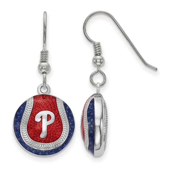 Pair of silver dangle earrings with red, white, and blue enameled circular pendants featuring a white letter P, shown from front and back views.