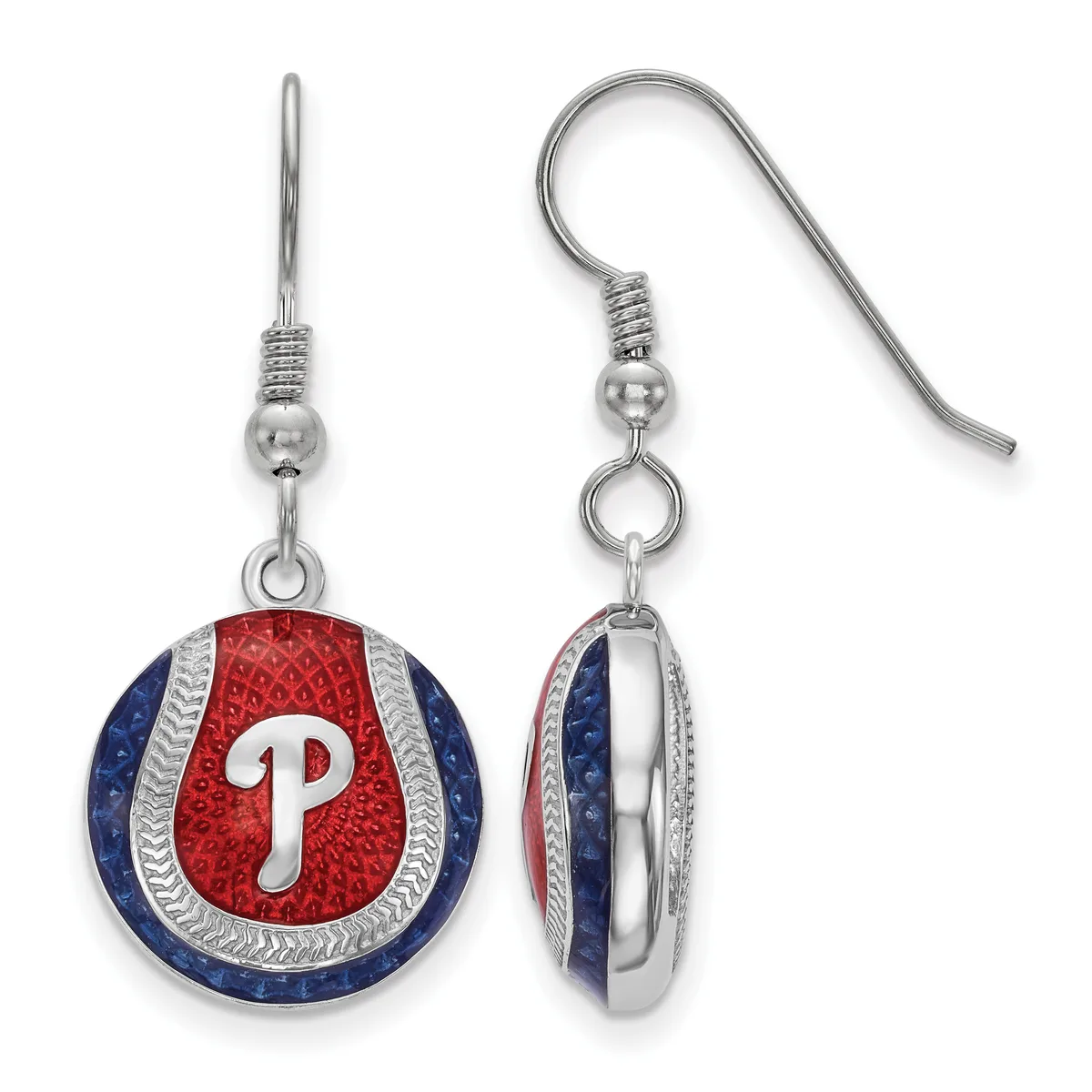 Pair of silver dangle earrings with red, white, and blue enameled circular pendants featuring a white letter P, shown from front and back views.