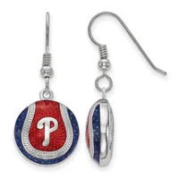 Pair of silver dangle earrings with red, white, and blue enameled circular pendants featuring a white letter P, shown from front and back views.
