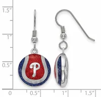 Silver-toned earrings with red, white, and blue enamel circular charms featuring a white "P" initial, shown front and back views against a measurement scale.