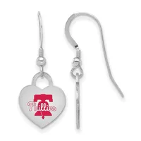 Pair of silver-toned heart-shaped dangle earrings with red enamel design and matching hooks shown from front and side views.