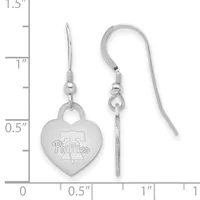 Pair of silver-toned heart-shaped dangle earrings with fish hook wires, displayed against a measurement scale showing approximately one inch in length.