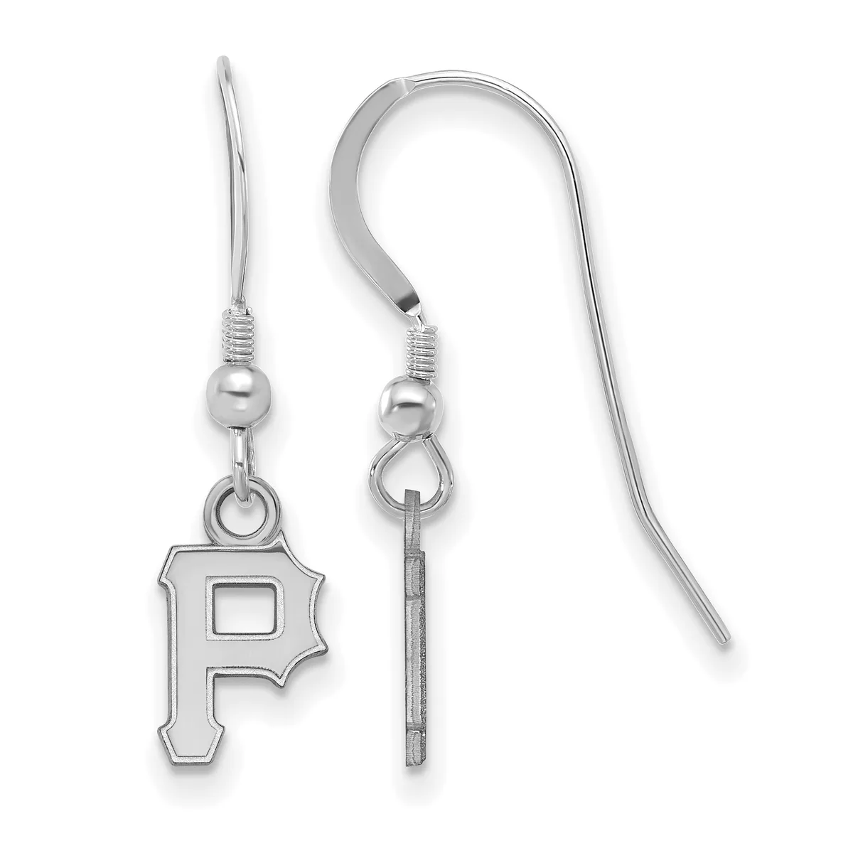 A pair of silver earrings with fish hook wires, one featuring a Pittsburgh Pirates baseball team logo charm and the other a plain cylindrical bead.