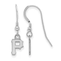 A pair of silver earrings with fish hook wires, one featuring a Pittsburgh Pirates baseball team logo charm and the other a plain cylindrical bead.