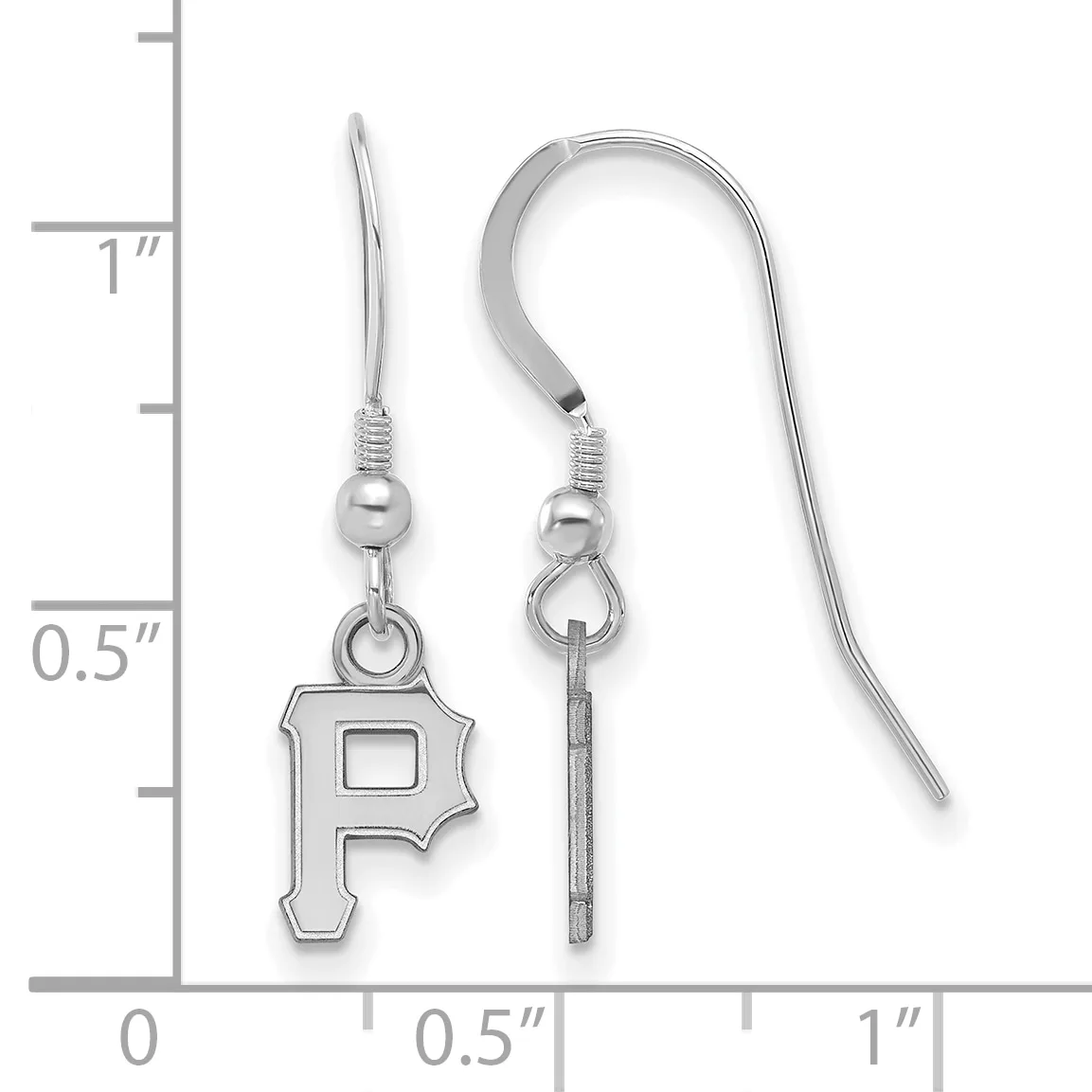 A pair of silver-colored dangle earrings with fish hook wires, featuring a small rectangular flag-shaped charm on one earring and a plain wire post on the other, displayed against a measurement ruler.
