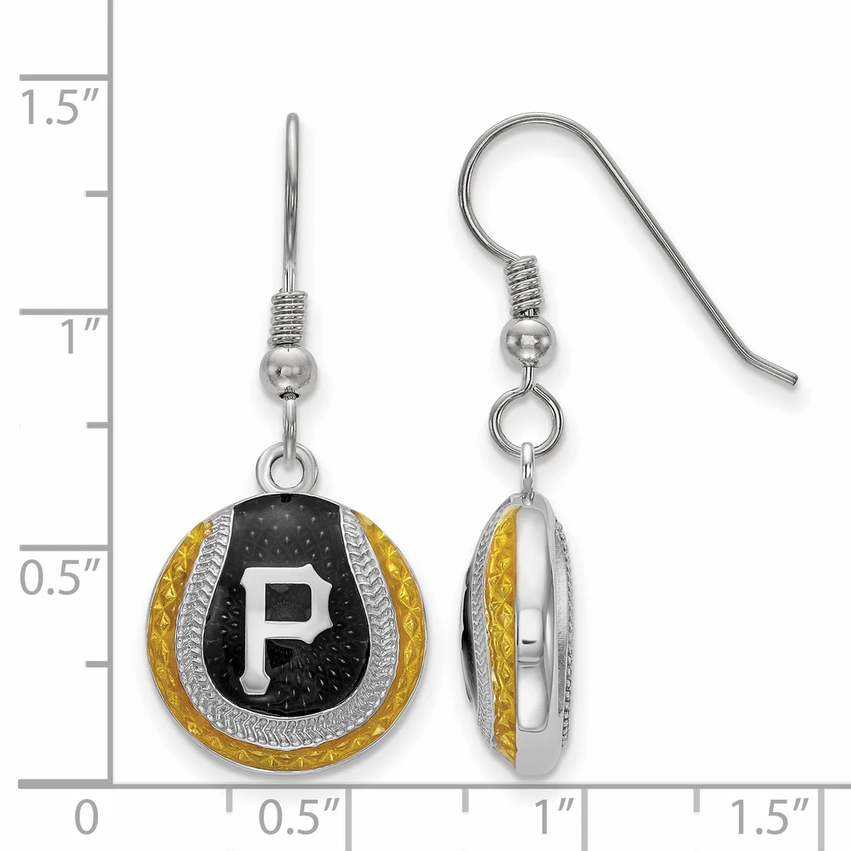 Pair of silver earrings with gold and black enamel oval pendants featuring the letter P, displayed next to a measurement scale.