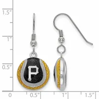 Pair of silver earrings with gold and black enamel oval pendants featuring the letter P, displayed next to a measurement scale.